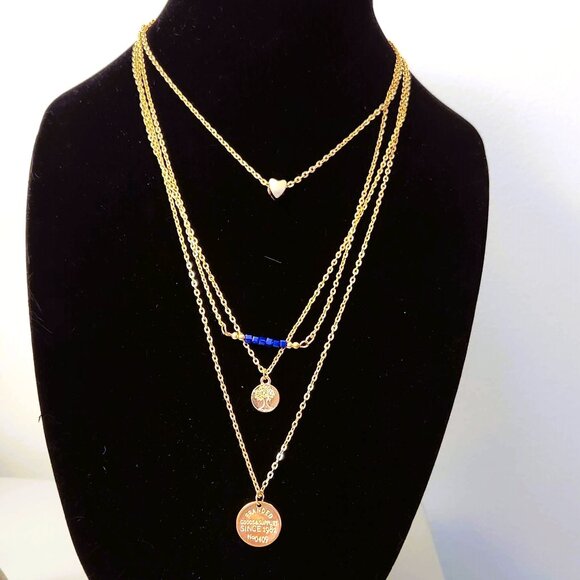 Jewelry - Layered Gold Plated Heart Long Necklace Medallion Pendant Blue stones Chain tree